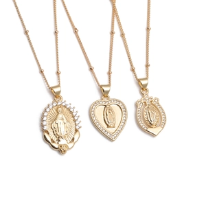 Virgin Mary Maria Religious Pendant Necklace Copper Gold Plated Heart Horseshoe Retro Jewelry With Rhinestone For Women