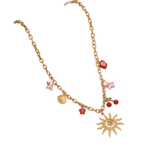 Golden stainless steel necklace with sun, cherry, shell, and colorful charm pendants