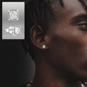 Men's hip hop square zirconia stud earrings with micro-pave setting in bright silver