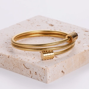 Adjustable 18k gold plated stainless steel spiral cable wire bangle for men
