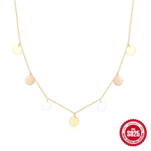 S925 Sterling Silver Necklace For Women Tricolor Round Disc Pendant Dainty Clavicle Chain Minimalist Adjustable Fashion Jewelry