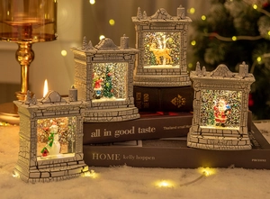 Set of vintage fireplace snow globe lanterns with Santa and reindeer for Christmas decor