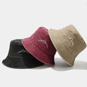 Washed Cotton Bucket Hat With Mountain Embroidery Retro Outdoor Sun Protection Fishing Cap For Men Women Vintage