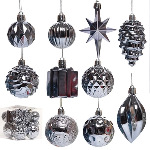 Silver electroplated Christmas tree ornaments in various shapes with transparent packaging