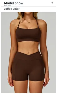 Detail view of coffee-colored yoga set featuring strappy square neck bra and side pockets