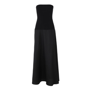 Elegant strapless black maxi dress with a slim-fit bodice and flared patchwork skirt