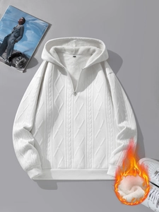 Weißer gefütterter Jacquard-Hoodie mit Viertelreißverschluss und Strickmuster