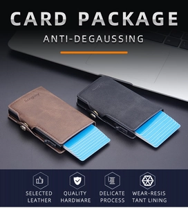 Close-up of leather texture and RFID pop-up card mechanism on slim wallets