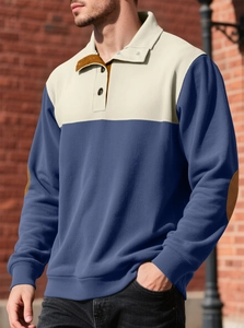 Detail of color-block polo sweatshirt with button collar and brown elbow patches