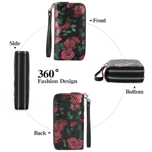 Vista a 360 gradi del portafoglio lungo nero da donna con doppia zip e rose in rilievo