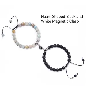 Detail of heart-shaped magnetic clasp and natural turquoise beads on adjustable couple bracelets