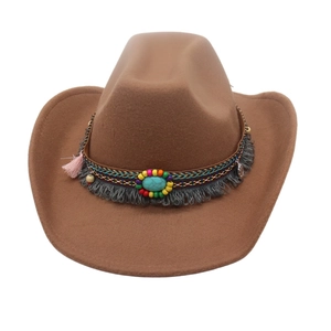 Detail of brown wool fedora hat featuring colorful beads, turquoise stone, and fringe