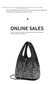 Detail view of the silver sparkling rhinestone mesh and metal chain on the bucket evening bag