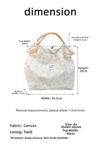 Detailed size chart for floral cartoon canvas tote bag with precise dimensions in centimeters
