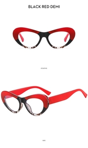 Detailed front and side view of cat-eye glasses frames in black red and demi finish