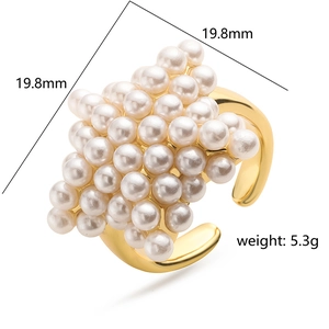 Adjustable gold open ring featuring a square cluster of white pearls, 19.8mm size