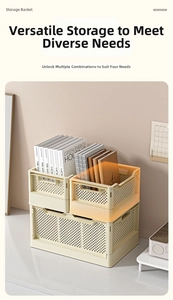 Stackable plastic storage crates with handles shown holding various books on a desk