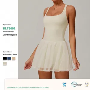 Women's Activewear Mesh Tennis Dress Bodysuit With Built In Shorts Pockets One Piece Athletic Skort Dress For Running Yoga