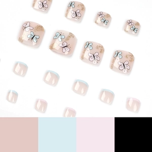 Faux ongles d'orteils papillon bleu et violet avec feuille d'or et style French