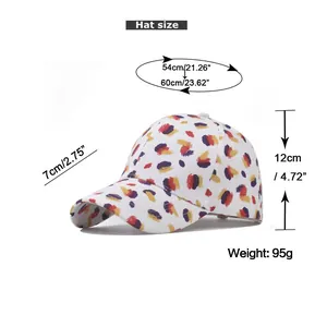 Size chart showing dimensions of the printed cotton baseball cap with leopard pattern