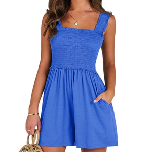 Women's summer blue romper with elastic tube top, ruffle straps and side pockets