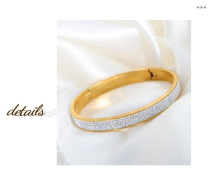 Detail of 18k gold plated stainless steel bangle with pave set zircon stones on silk fabric
