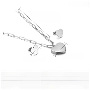 Spécifications de taille pour l'ensemble bijoux cœur avec dimensions et longueur de chaîne