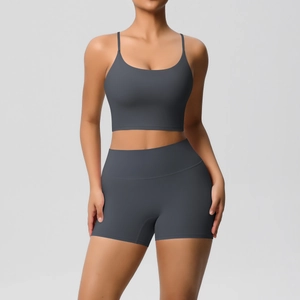 Close-up of charcoal gray seamless yoga set showing ribbed texture and high waist detail