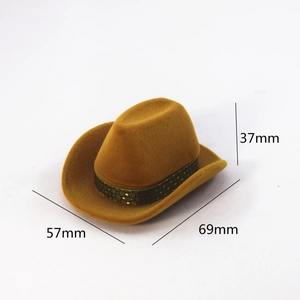 Brown mini cowboy hat jewelry box made of flocked felt with detailed size dimensions