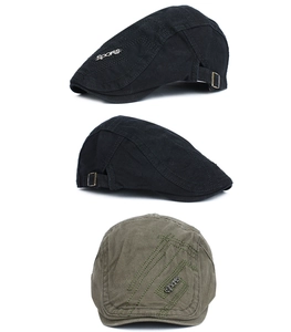 Detail of adjustable metal side buckle and Sports emblem on cotton flat cap for men