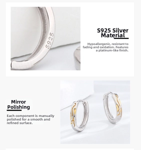 Detailed close-up of S925 sterling silver hoop earrings with a polished gold finish