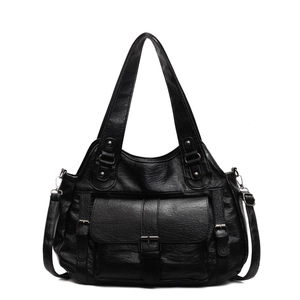 Retro large capacity black tote bag with multiple pockets and adjustable strap for women