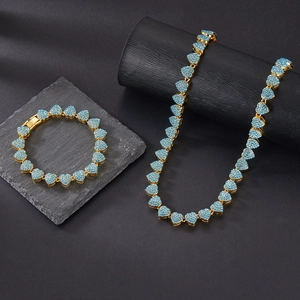 Golden 10mm Cuban chain set with blue crystal hearts for men and women