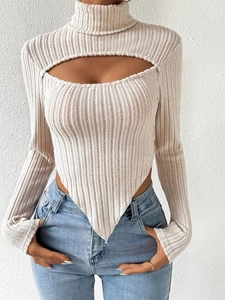 Chic beige ribbed knit crop top with cutout neck and irregular hem for women