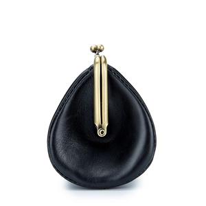 Vintage black leather clutch bag with antique bronze metal frame on white background