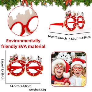 Detailed view of Christmas eyewear with dimensions, weights, and festive party motifs