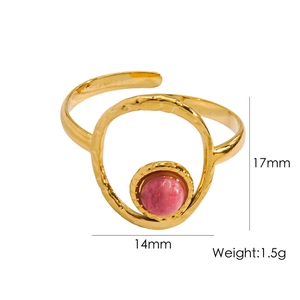 Detailed view of 14K gold-plated ring with pink stone inlay and 17x14mm dimensions