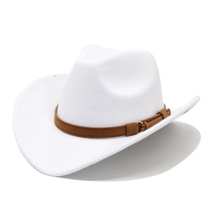 White wool felt western cowboy hat with a brown leather band and gold metal hardware