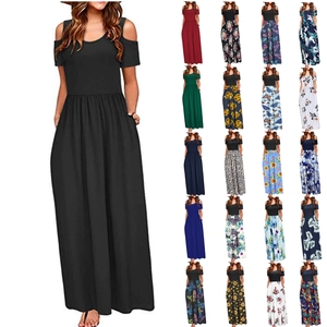 Cold Shoulder Maxi Dress Women Polyester Spandex Short Sleeve Round Neck Casual Summer Beach Long Dress With Pockets