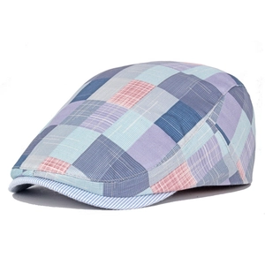 Detail of colorful plaid checkered flat cap with breathable cotton linen texture