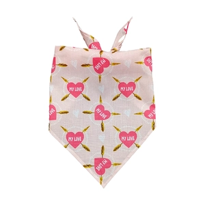Detailed view of pink Valentine pet bandana with My Love text and heart pattern