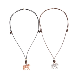 Ethnic style adjustable necklace with zebra pendant and wood beads on leather cord