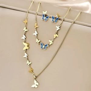 Titanium Steel Butterfly Jewelry Set Blue Enamel Rhinestone Necklace Stud Earrings For Women Light Luxury Fashion Accessories