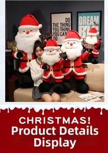 Detail of plush Santa Claus toys with Merry Christmas signs in a cozy home setting