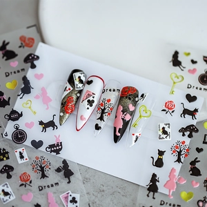 Japanese Alice In Wonderland Relief Nail Art Stickers Self Adhesive Matte Thin Manicure Decals For Women DIY Nail Decoration