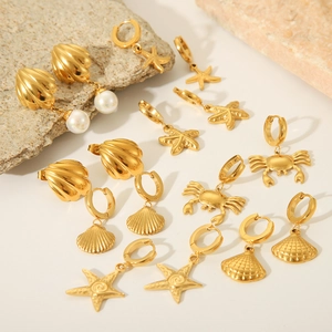 18K gold plated stainless steel sea themed earrings with shells and starfish