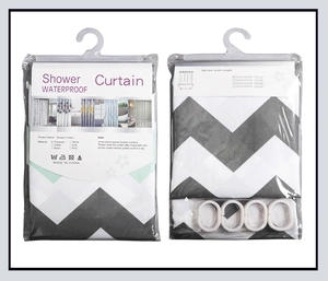 Detail of waterproof jacquard shower curtain packaging showing size and polyester material