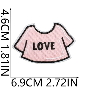 Detailed pink t-shirt embroidered patch with LOVE text and precise needlework details