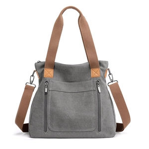 Women Canvas Shoulder Bag Multi Pocket Tote Handbag Casual Crossbody Travel Bag Zipper Closure Adjustable Strap Large Capacity