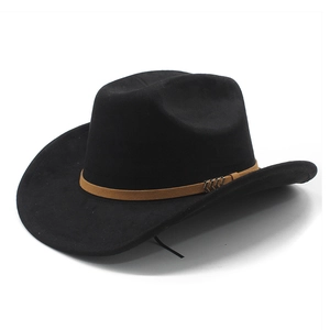 Classic black suede western cowboy hat with brown decorative band and metal buckle
